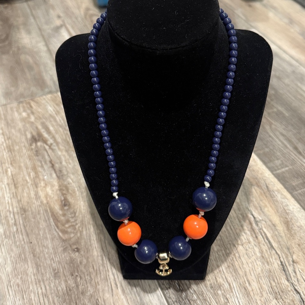 Gold tone Navy and Orange Beaded Necklace with Anchor Charm 20 inches